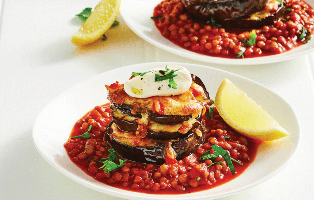 Roasted eggplant stack with lentil passata and tahini yoghurt Roasted eggplant stack with lentil passata and tahini yoghurt