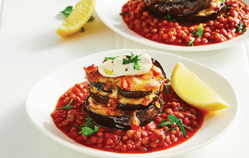 Roasted eggplant stack with lentil passata and tahini yoghurt