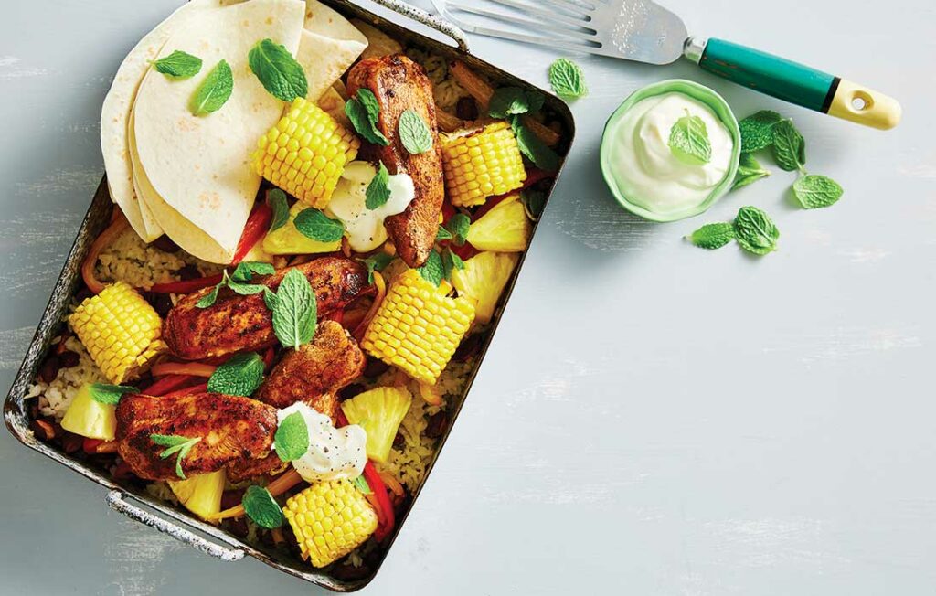 Sticky jerk chicken, rice and bean traybake Sticky jerk chicken, rice and bean traybake