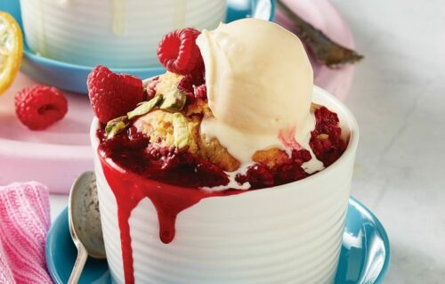 Vanilla and raspberry self-saucing puddings