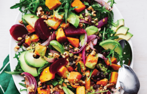 Roasted veg, avocado and walnut salad