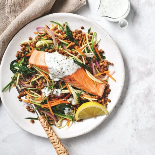Baked salmon with warm lentil salad