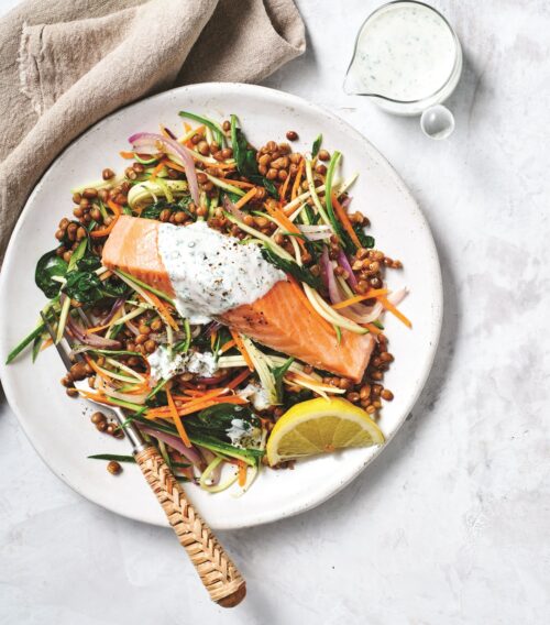 Baked salmon with warm lentil salad