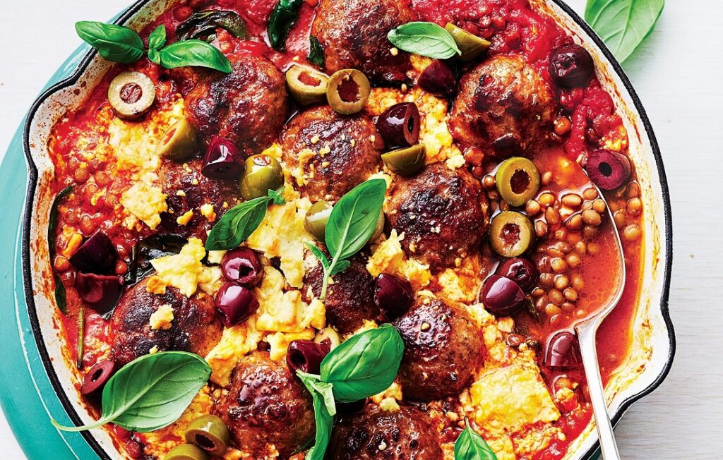 Baked pork meatballs with feta and olives Baked pork meatballs with feta & olives