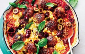 Baked pork meatballs with feta and olives