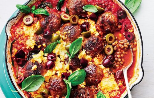 Baked pork meatballs with feta and olives