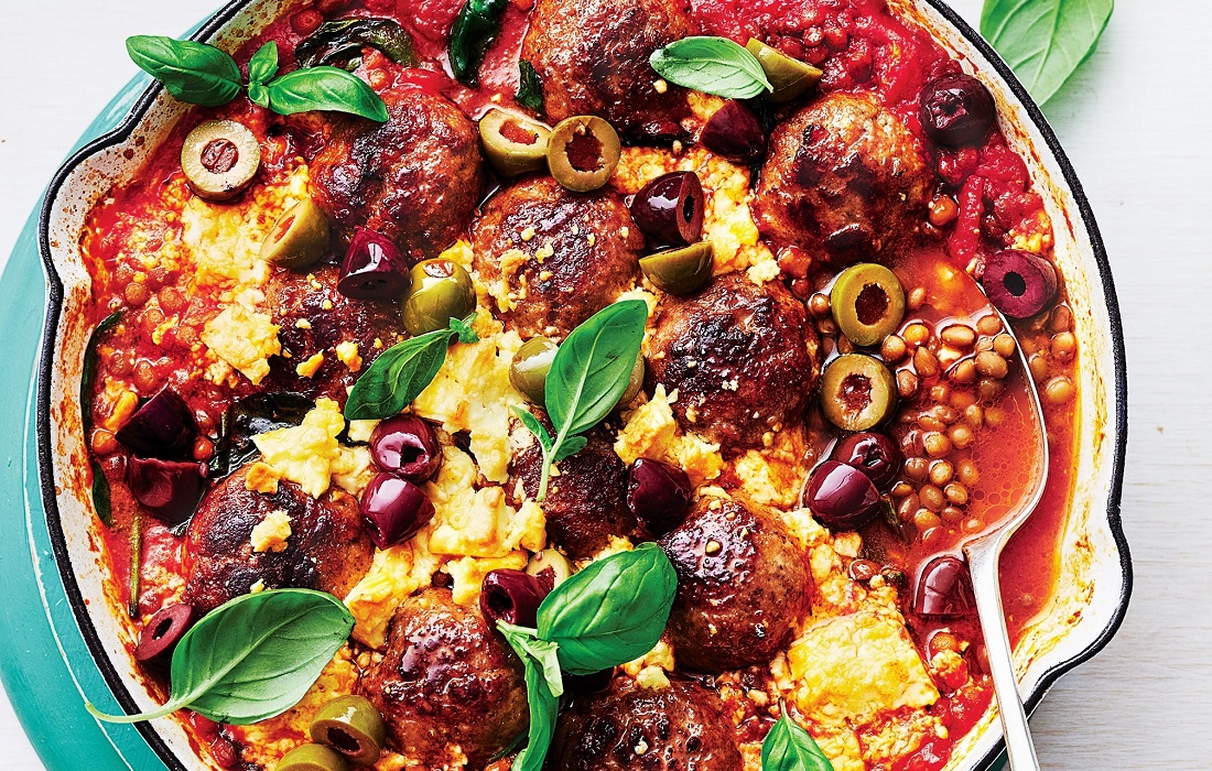 Baked pork meatballs with feta and olives