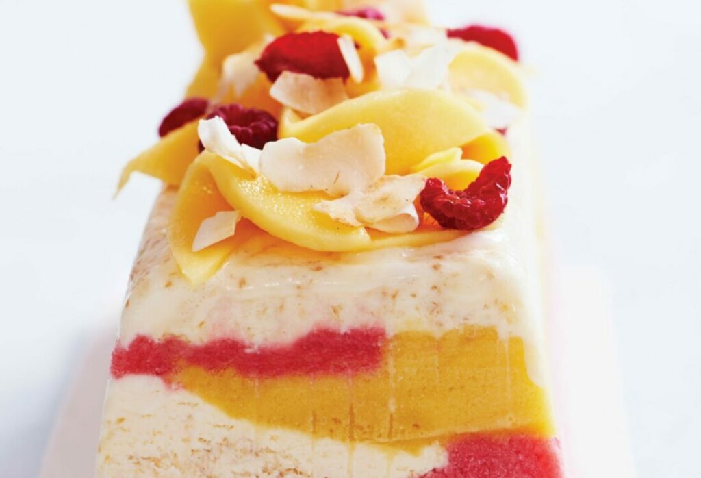 Coconut, mango and raspberry log Coconut, mango and raspberry log