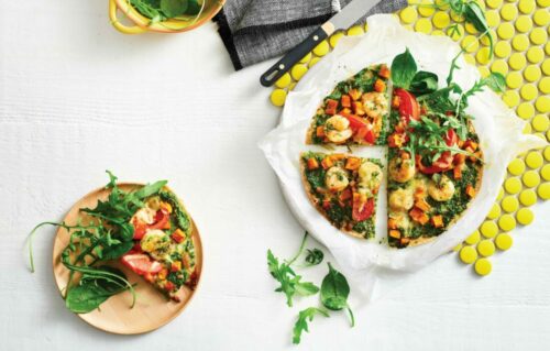 Garlic prawn pizza with rocket pesto