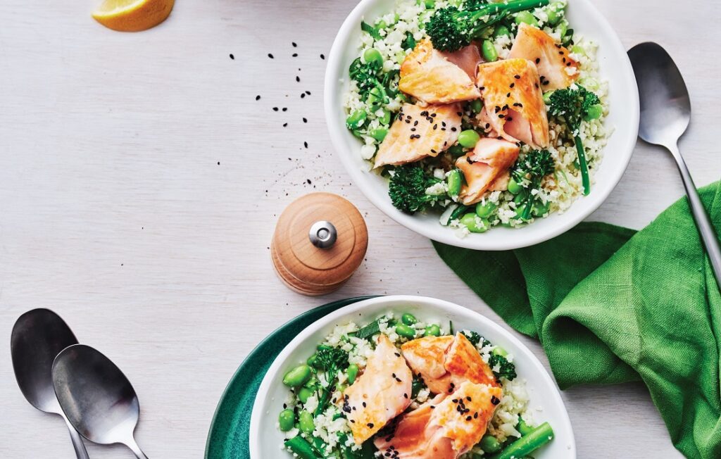 Miso-glazed salmon with edamame cauliflower rice Miso-glazed salmon with edamame cauliflower rice