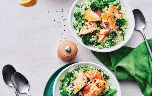 Miso-glazed salmon with edamame cauliflower rice