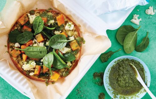 Pesto, roasted pumpkin and baby spinach pizza