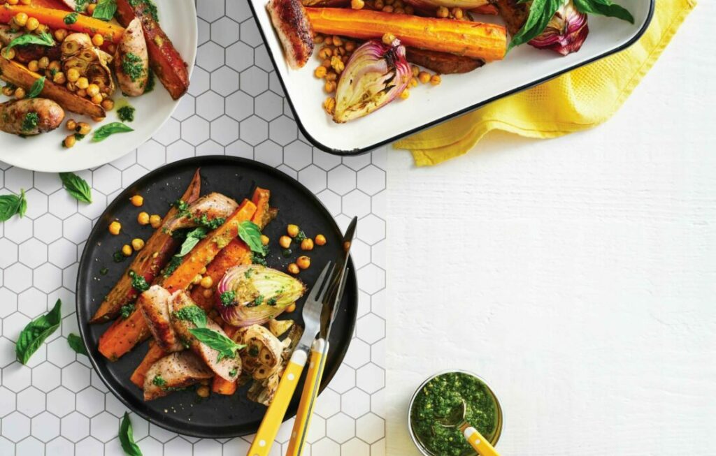 Pork sausage and vegie traybake with basil pesto Pork sausage and vegie traybake with basil pesto p43 issue 205