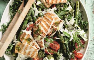 Chimichurri tofu with grilled asparagus and fennel salad
