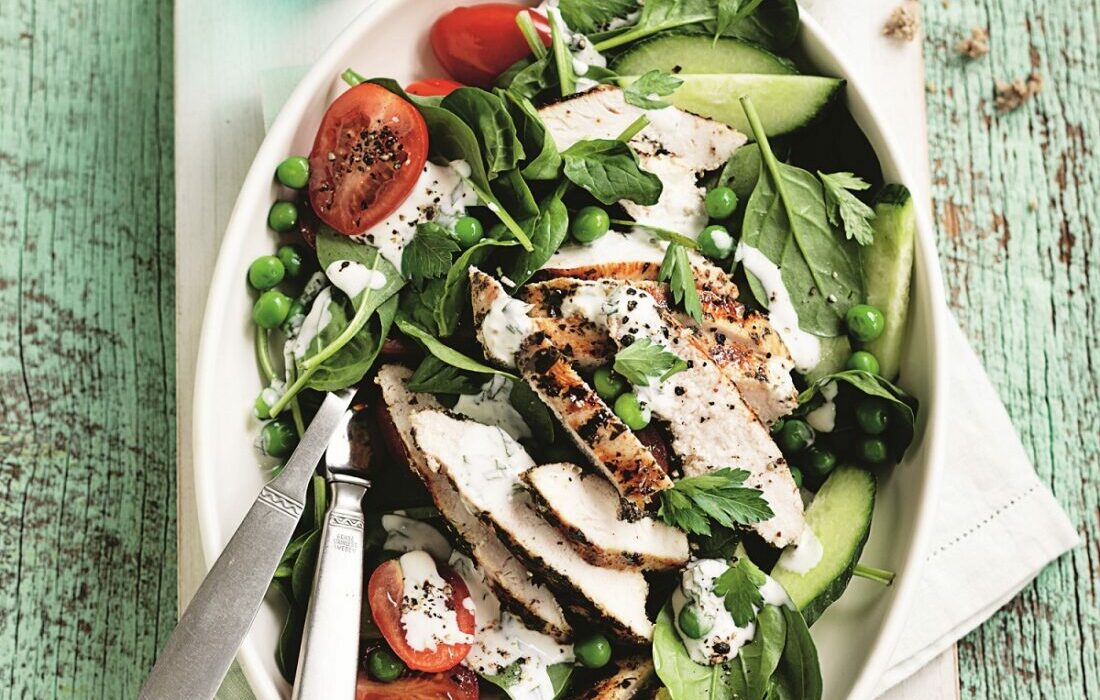 Sumac chicken with green pea salad