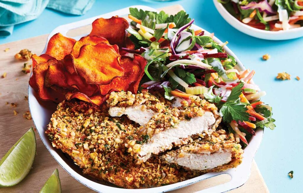 Almond crumbed chicken with apple slaw and sweet potato Almond crumbed chicken with apple slaw and sweet potato