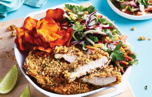 Almond crumbed chicken with apple slaw and sweet potato