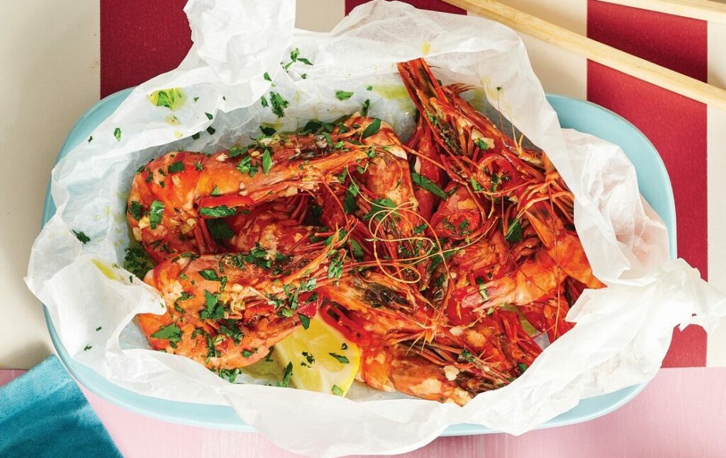 Chilli garlic prawns in a bag
