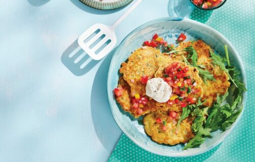 Corn and zucchini fritters with salsa and lime mayo