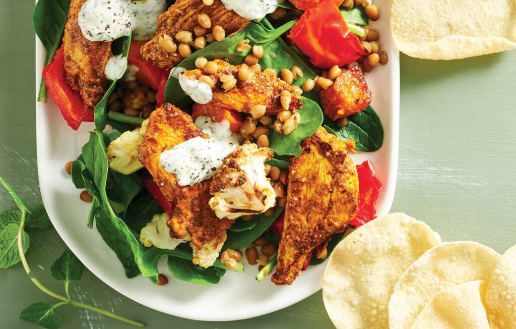 Korma chicken and cauliflower salad with herb raita Korma chicken and cauliflower salad with herb raita