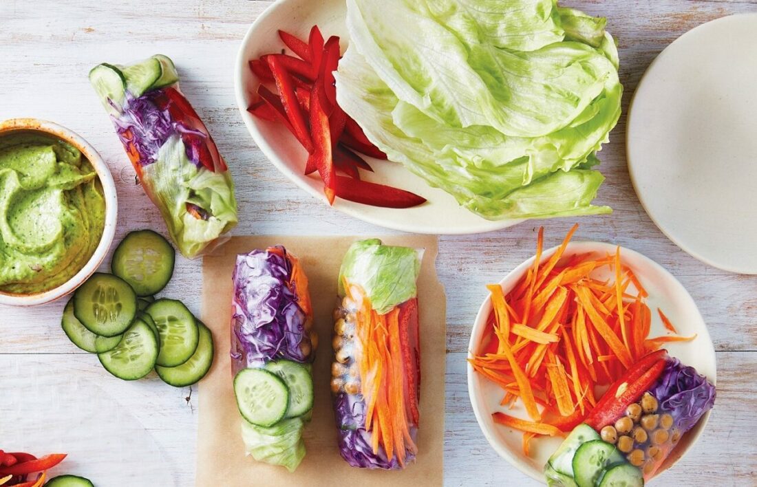 Rainbow vegie rice paper rolls with coriander sauce