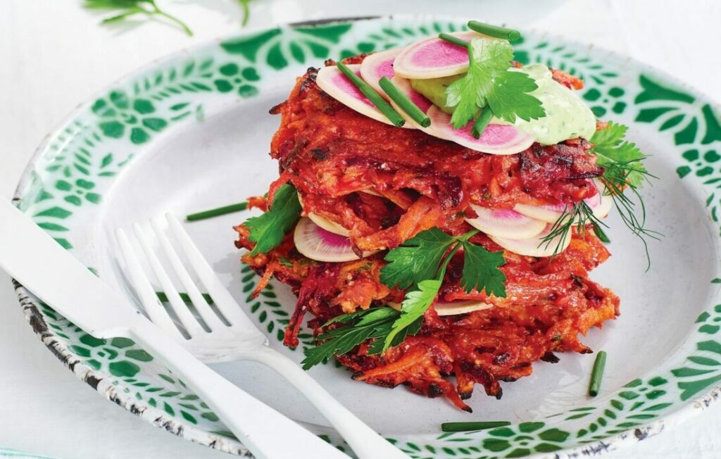 Sweet potato and beetroot rosti with jalapeno dressing Sweet potato and beetroot rosti with jalapeno dressing
