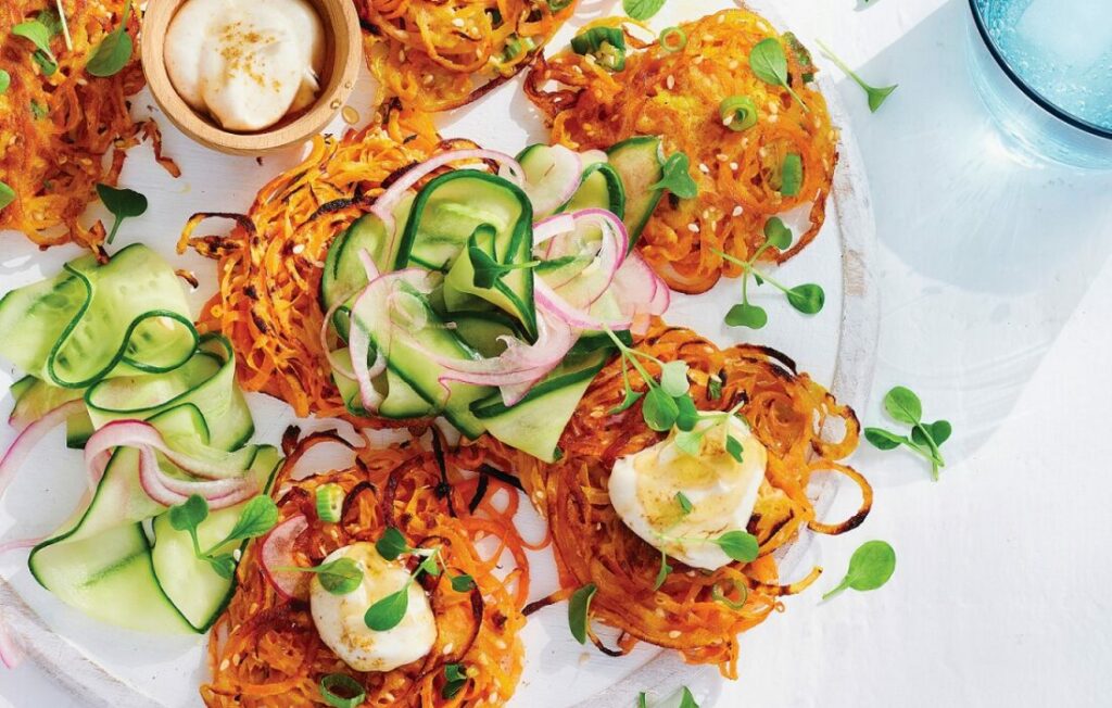 Sweet potato and carrot latke with pickled cucumber Sweet potato and carrot latke with pickled cucumber