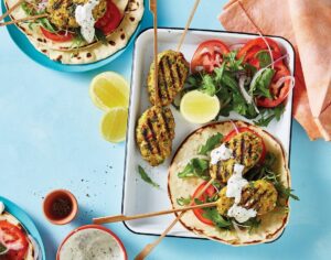 Spicy chicken koftas with pita bread and tzatziki