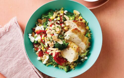 Warm brown rice and chicken salad