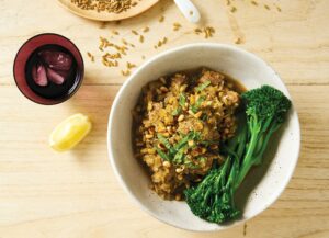 Lamb and freekeh stew with mint relish