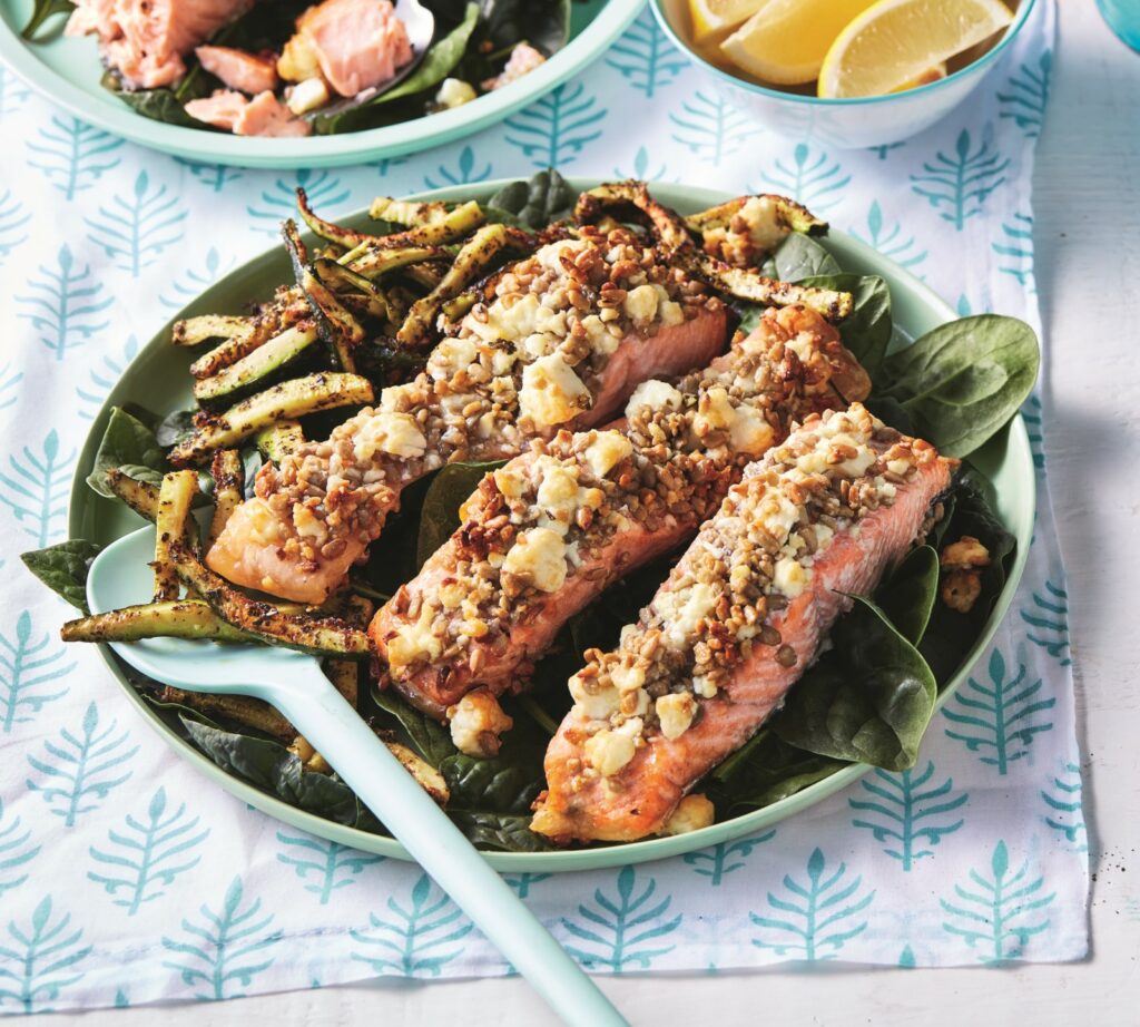 Air-fryer feta and sunflower seed-crusted salmon with zucchini parmesan fries Air-fryer feta and sunflower seed-crusted salmon with zucchini parmesan fries