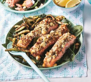 Air-fryer feta and sunflower seed-crusted salmon with zucchini parmesan fries 