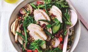Chicken and buckwheat salad with raw and roasted vegies