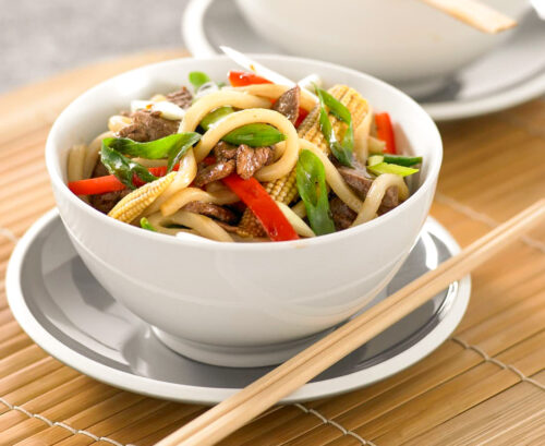 Lamb and vegetable noodle stir-fry