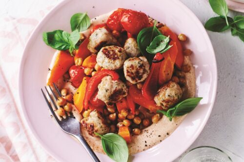Quick chicken meatballs with crispy chickpeas