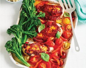 Pesto chicken bake with cherry tomatoes