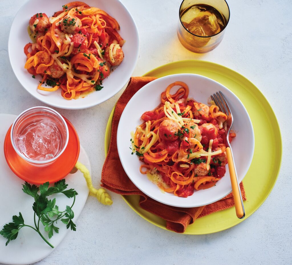 Vegie ‘meatballs’ with sweet potato noodles Vegie ‘meatballs’ with sweet potato noodles