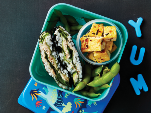 Onigirazu Sushi sandwich with edamame and tofu bites