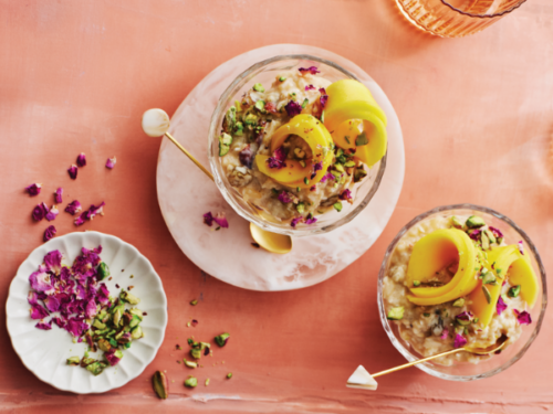 Kheer with cardamom, golden raisins & mango