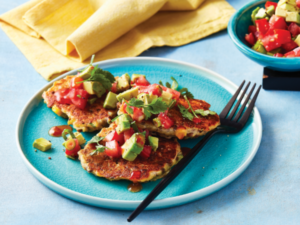 Lentil and corn fritters with tomato and avocado salsa