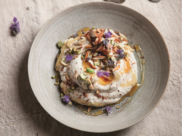 Almond ricotta with toasted almonds, lavender and coconut syrup