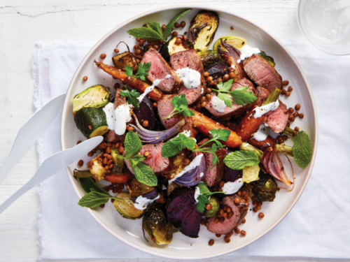 Warm winter salad of roast vegetables, lamb and lentils