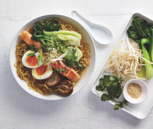 Miso salmon with ginger noodle soup