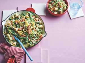 Gluten-free creamy pasta with bacon and zucchini
