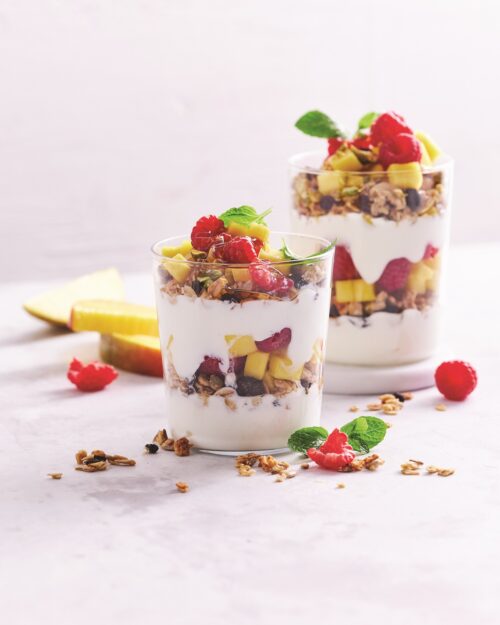 Raspberry and mango breakfast parfaits
