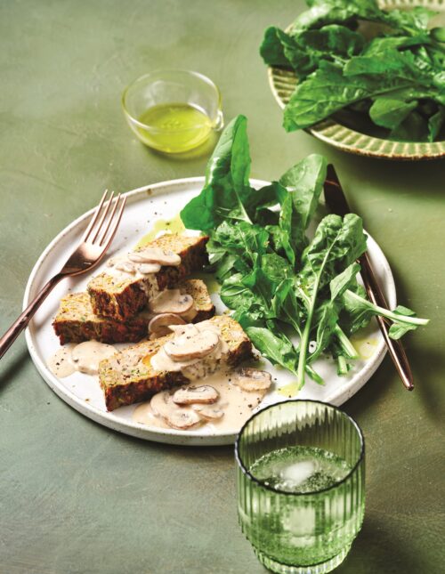 Chicken and veg loaf with yoghurt and mushroom sauce