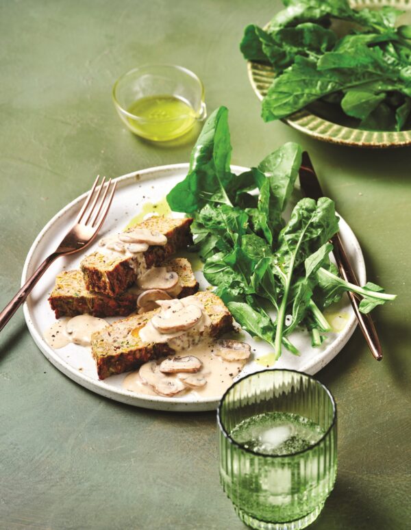 Chicken and veg loaf with yoghurt and mushroom sauce