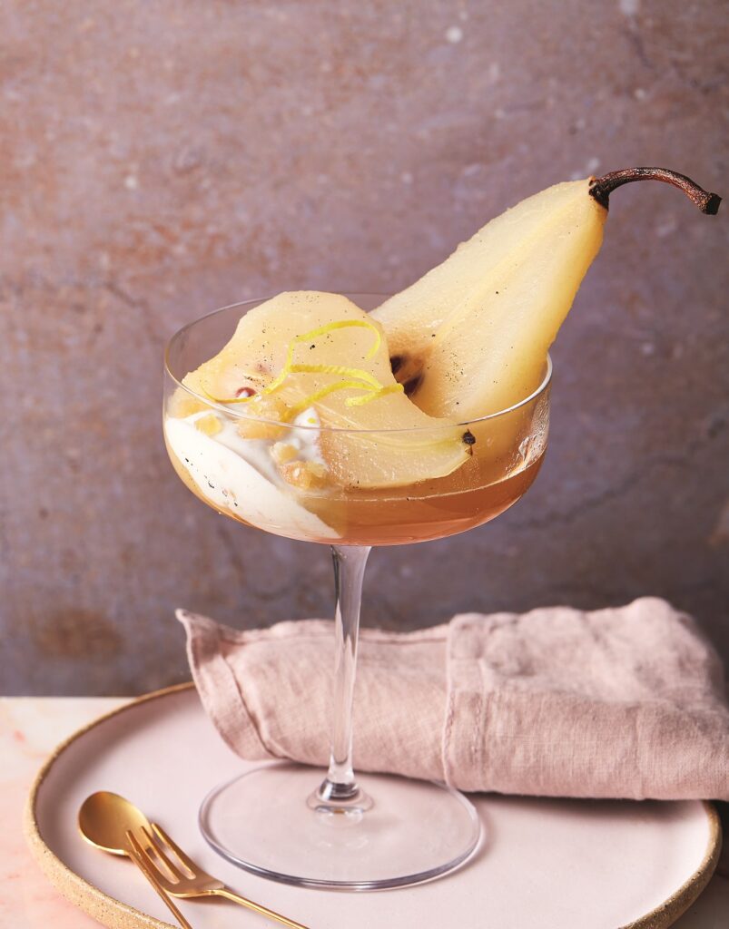 Honey vanilla pears with ginger cream