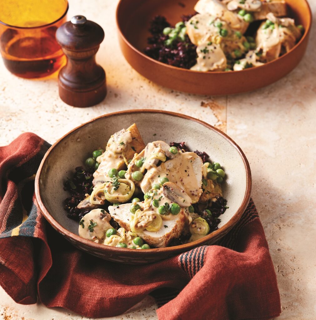Creamy mustard and leek chicken with black rice Creamy mustard and leek chicken with black rice