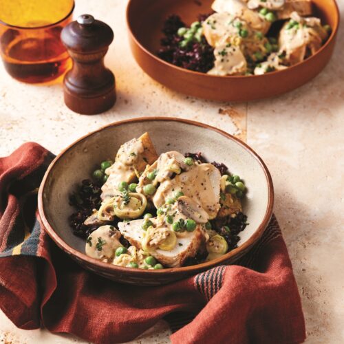 Creamy mustard and leek chicken with black rice